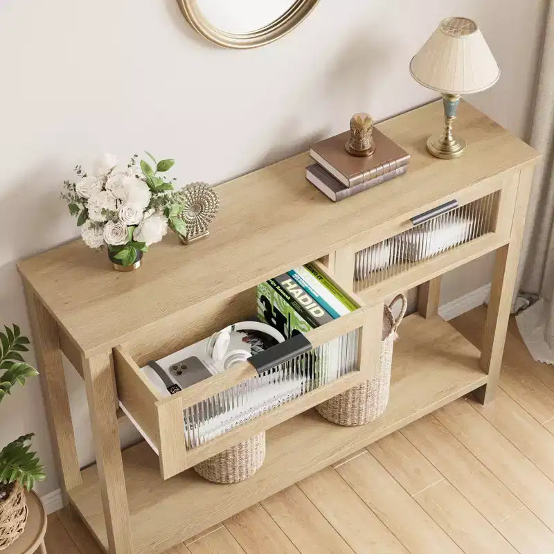 COZONY 43 Table console moderne en bois avec 2 tiroirs en verre, Table d'entrée étroite avec grand espace de rangement pour salon, couloir, hall d'entrée, cuisine
