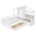 Lit cabane simple Bellemave avec canapé, lit plateforme pour enfants avec deux tiroirs et étagère de rangement, blanc