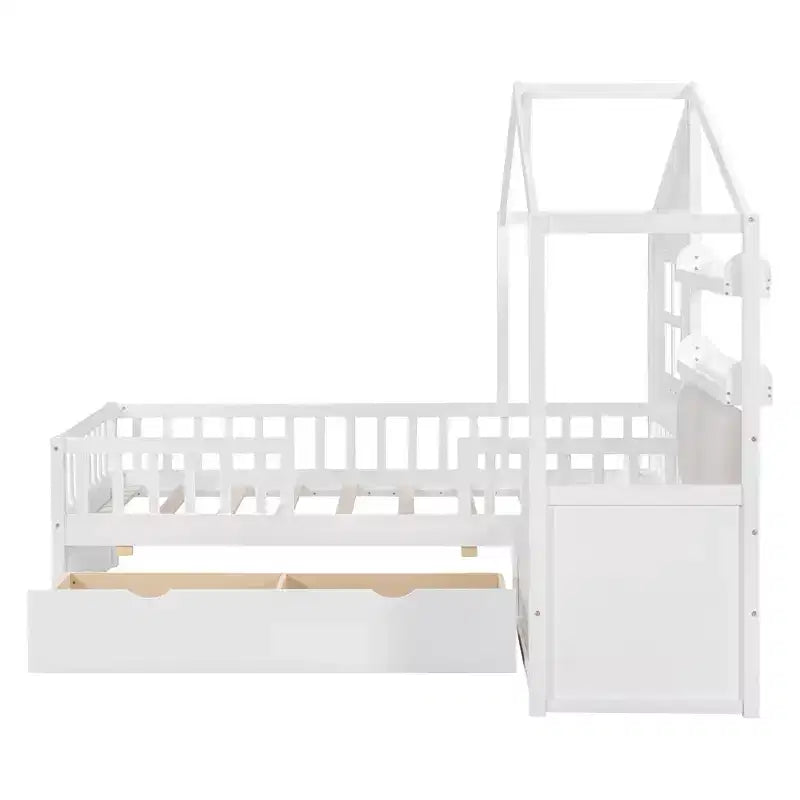 Lit cabane simple Bellemave avec canapé, lit plateforme pour enfants avec deux tiroirs et étagère de rangement, blanc