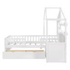 Lit cabane simple Bellemave avec canapé, lit plateforme pour enfants avec deux tiroirs et étagère de rangement, blanc
