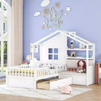 Lit cabane simple Bellemave avec canapé, lit plateforme pour enfants avec deux tiroirs et étagère de rangement, blanc