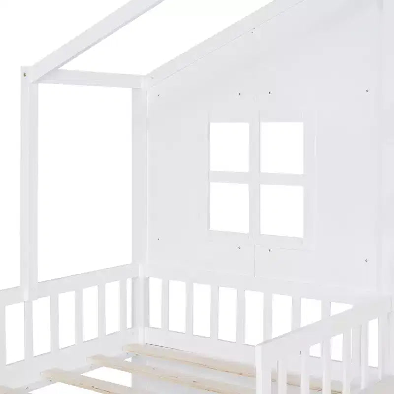 Lit cabane simple Bellemave avec canapé, lit plateforme pour enfants avec deux tiroirs et étagère de rangement, blanc
