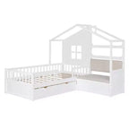 Lit cabane simple Bellemave avec canapé, lit plateforme pour enfants avec deux tiroirs et étagère de rangement, blanc