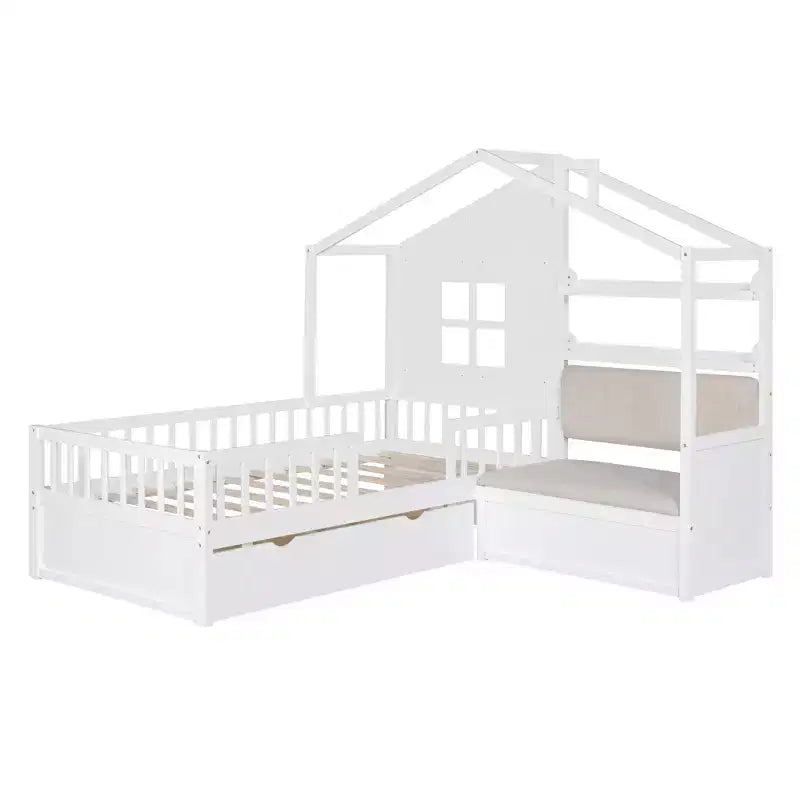 Lit cabane simple Bellemave avec canapé, lit plateforme pour enfants avec deux tiroirs et étagère de rangement, blanc