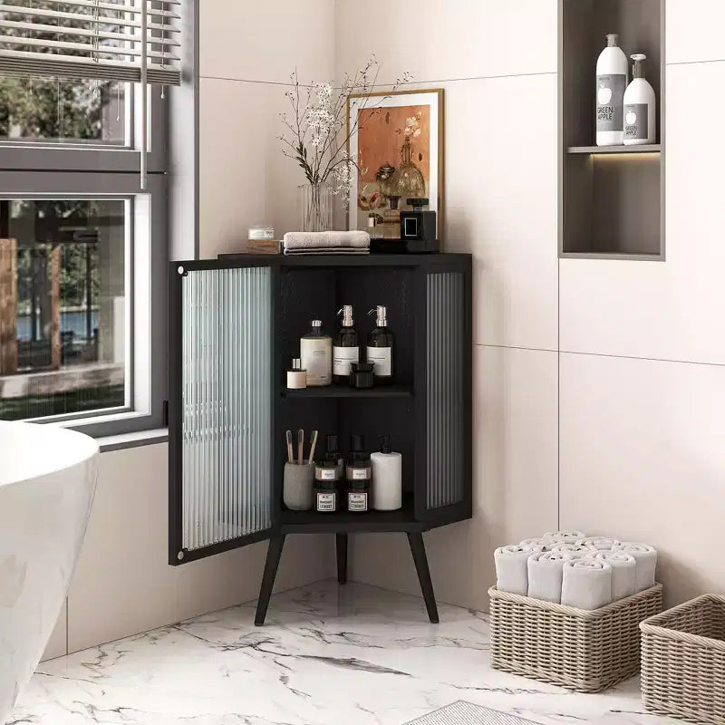 Meuble de rangement pour salle de bain Okak, armoire de coin au sol moderne avec porte en verre trempé et 2/3 étagères pour salon, bureau à domicile