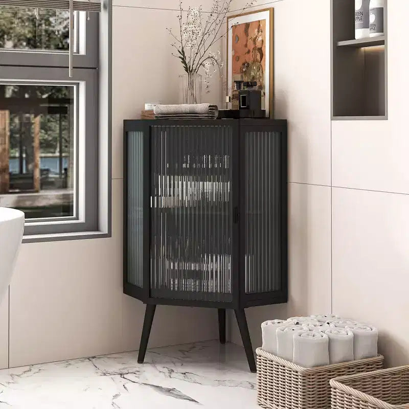 Meuble de rangement pour salle de bain Okak, armoire de coin au sol moderne avec porte en verre trempé et 2/3 étagères pour salon, bureau à domicile