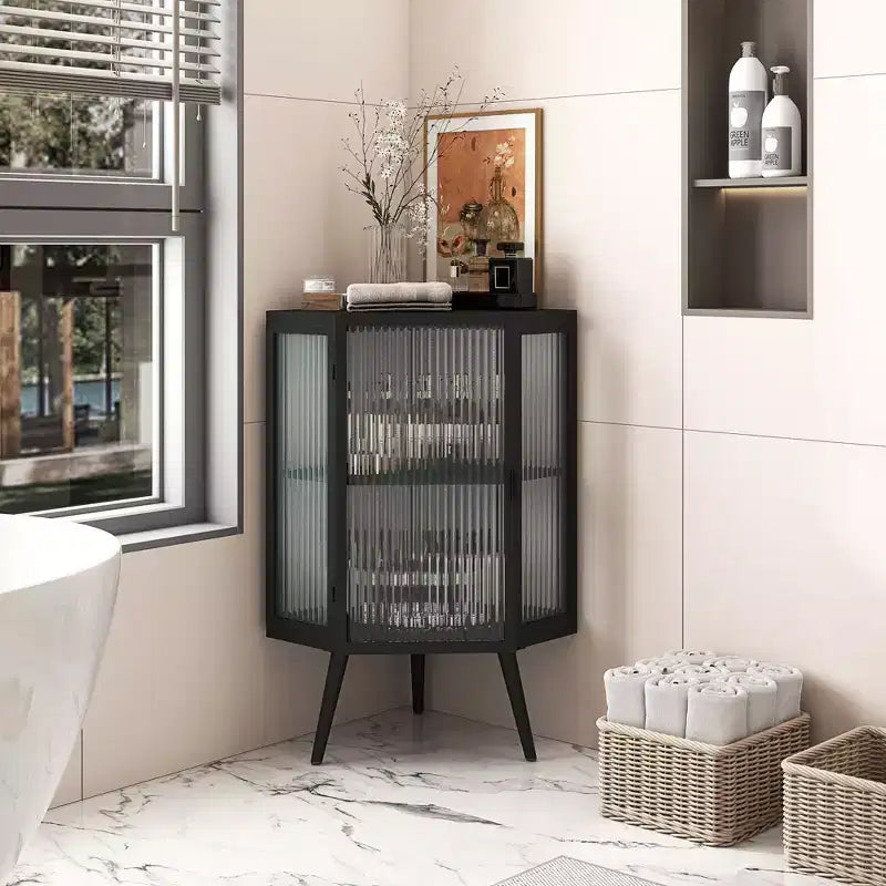 Meuble de rangement pour salle de bain Okak, armoire de coin au sol moderne avec porte en verre trempé et 2/3 étagères pour salon, bureau à domicile