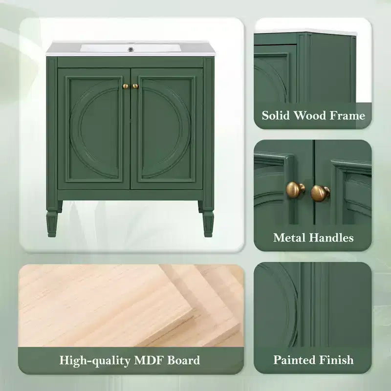 Meuble-lavabo de salle de bain Okak de 30 pouces avec lavabo, deux portes avec étagère, charnières de porte à fermeture douce