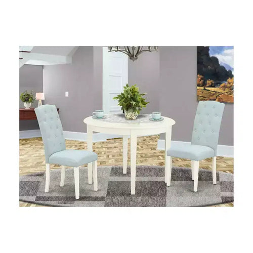 Ensemble de salle à manger 3 pièces – Table de cuisine et 2 chaises – Petite table ronde – Blanc lin et bleu bébé