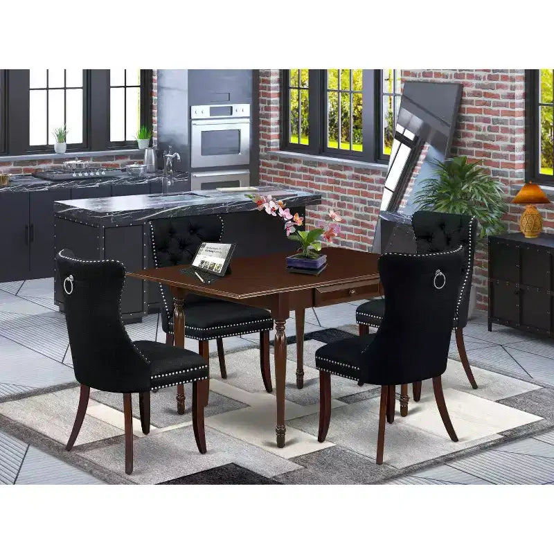 Ensemble de salle à manger rectangulaire 5 pièces en bois massif finition acajou, avec dessus de table et chaises rembourrées – 4 places