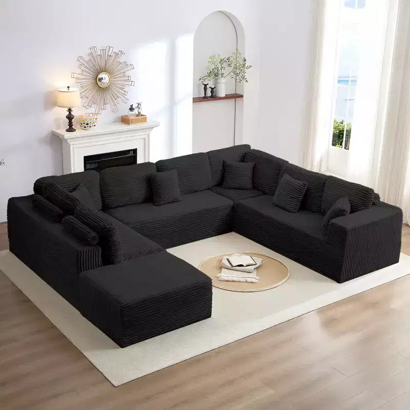 Mjkone 136 Canapé modulaire sectionnel en velours côtelé en forme de U, canapé moderne à 7 places avec sièges profonds et ottoman mobile