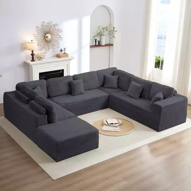 Mjkone 136 Canapé modulaire sectionnel en velours côtelé en forme de U, canapé moderne à 7 places avec sièges profonds et ottoman mobile