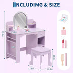 Coiffeuse pour enfants avec miroir, table de maquillage avec tabouret, étagère, tiroir et étagères, coiffeuse en bois pour chambre de fille, salle de jeux