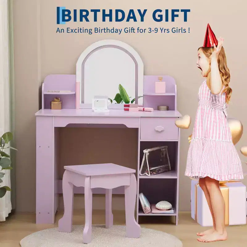 Coiffeuse pour enfants avec miroir, table de maquillage avec tabouret, étagère, tiroir et étagères, coiffeuse en bois pour chambre de fille, salle de jeux