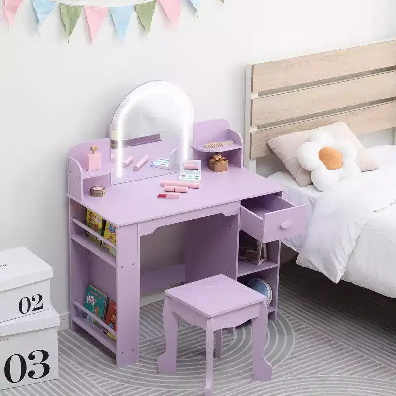 Coiffeuse pour enfants avec miroir, table de maquillage avec tabouret, étagère, tiroir et étagères, coiffeuse en bois pour chambre de fille, salle de jeux