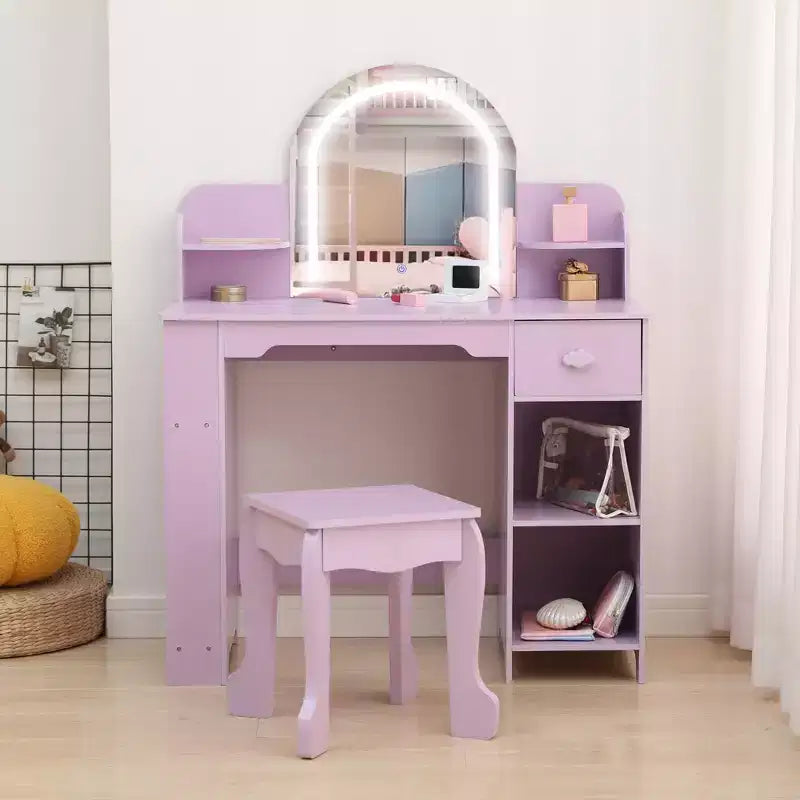 Coiffeuse pour enfants avec miroir, table de maquillage avec tabouret, étagère, tiroir et étagères, coiffeuse en bois pour chambre de fille, salle de jeux