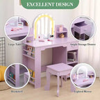 Coiffeuse pour enfants avec miroir, table de maquillage avec tabouret, étagère, tiroir et étagères, coiffeuse en bois pour chambre de fille, salle de jeux
