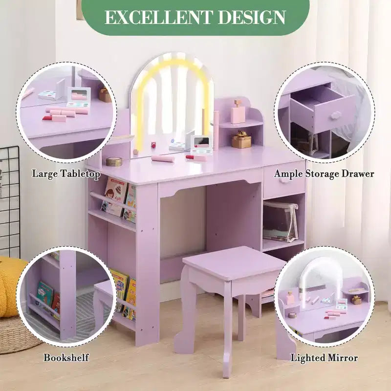 Coiffeuse pour enfants avec miroir, table de maquillage avec tabouret, étagère, tiroir et étagères, coiffeuse en bois pour chambre de fille, salle de jeux