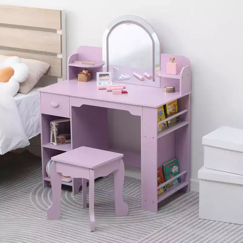 Coiffeuse pour enfants avec miroir, table de maquillage avec tabouret, étagère, tiroir et étagères, coiffeuse en bois pour chambre de fille, salle de jeux