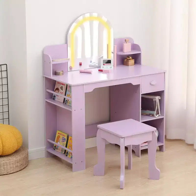 Coiffeuse pour enfants avec miroir, table de maquillage avec tabouret, étagère, tiroir et étagères, coiffeuse en bois pour chambre de fille, salle de jeux