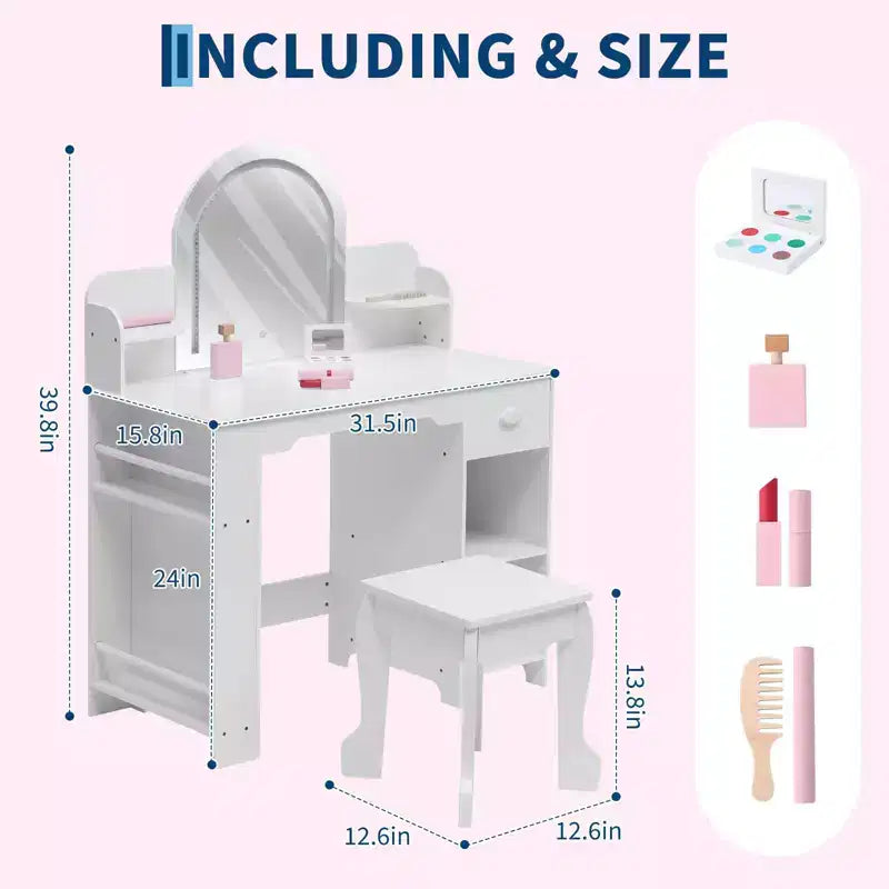 Coiffeuse pour enfants avec miroir, table de maquillage avec tabouret, étagère, tiroir et étagères, coiffeuse en bois pour chambre de fille, salle de jeux