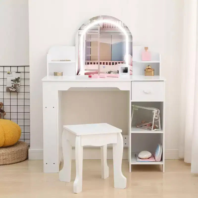 Coiffeuse pour enfants avec miroir, table de maquillage avec tabouret, étagère, tiroir et étagères, coiffeuse en bois pour chambre de fille, salle de jeux