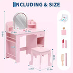 Coiffeuse pour enfants avec miroir, table de maquillage avec tabouret, étagère, tiroir et étagères, coiffeuse en bois pour chambre de fille, salle de jeux