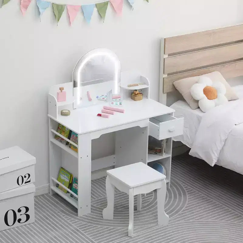 Coiffeuse pour enfants avec miroir, table de maquillage avec tabouret, étagère, tiroir et étagères, coiffeuse en bois pour chambre de fille, salle de jeux