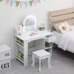 Coiffeuse pour enfants avec miroir, table de maquillage avec tabouret, étagère, tiroir et étagères, coiffeuse en bois pour chambre de fille, salle de jeux