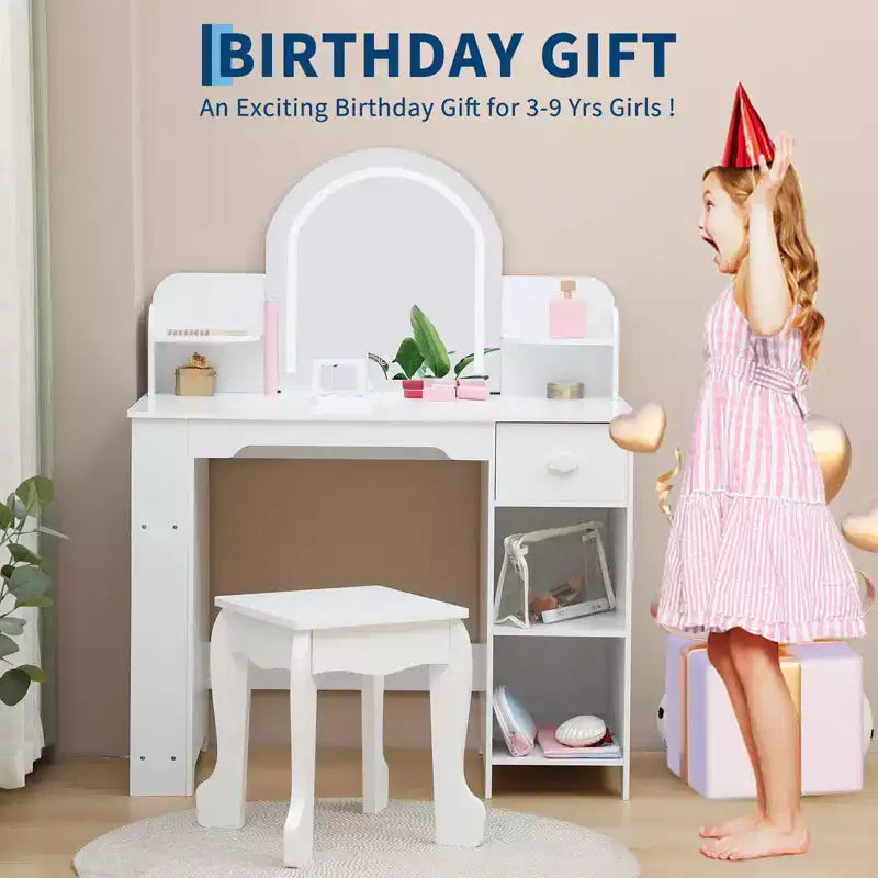 Coiffeuse pour enfants avec miroir, table de maquillage avec tabouret, étagère, tiroir et étagères, coiffeuse en bois pour chambre de fille, salle de jeux