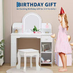 Coiffeuse pour enfants avec miroir, table de maquillage avec tabouret, étagère, tiroir et étagères, coiffeuse en bois pour chambre de fille, salle de jeux