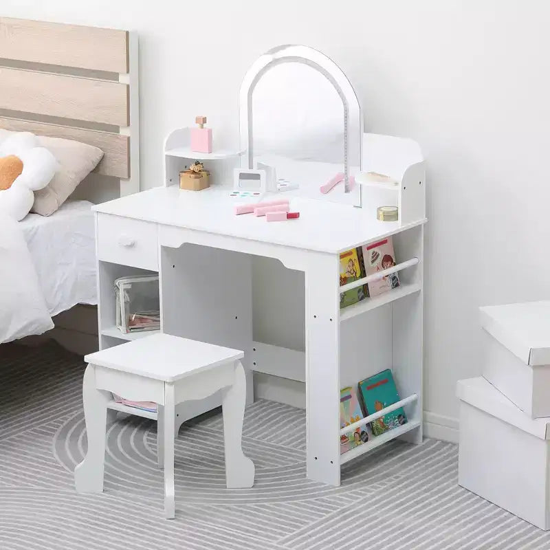 Coiffeuse pour enfants avec miroir, table de maquillage avec tabouret, étagère, tiroir et étagères, coiffeuse en bois pour chambre de fille, salle de jeux