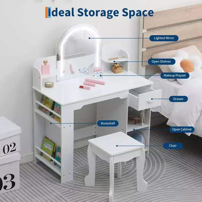 Coiffeuse pour enfants avec miroir, table de maquillage avec tabouret, étagère, tiroir et étagères, coiffeuse en bois pour chambre de fille, salle de jeux