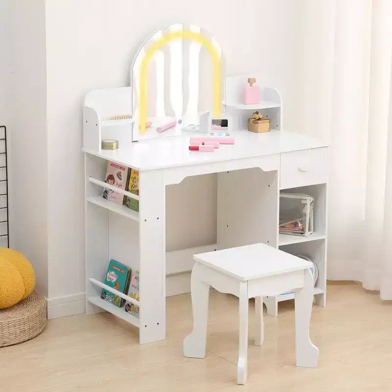 Coiffeuse pour enfants avec miroir, table de maquillage avec tabouret, étagère, tiroir et étagères, coiffeuse en bois pour chambre de fille, salle de jeux