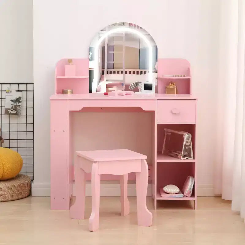 Coiffeuse pour enfants avec miroir, table de maquillage avec tabouret, étagère, tiroir et étagères, coiffeuse en bois pour chambre de fille, salle de jeux
