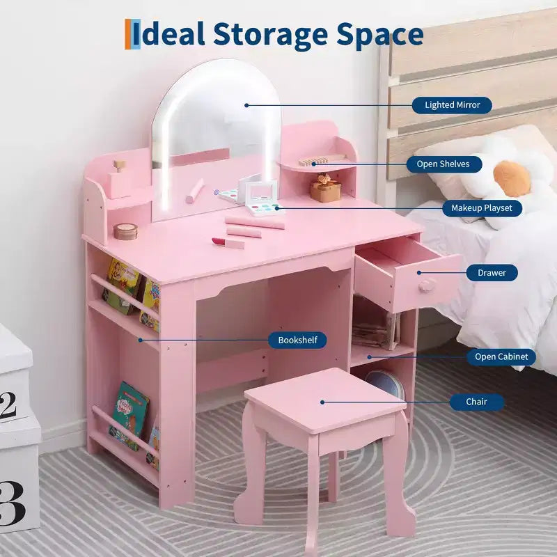 Coiffeuse pour enfants avec miroir, table de maquillage avec tabouret, étagère, tiroir et étagères, coiffeuse en bois pour chambre de fille, salle de jeux