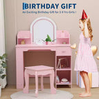 Coiffeuse pour enfants avec miroir, table de maquillage avec tabouret, étagère, tiroir et étagères, coiffeuse en bois pour chambre de fille, salle de jeux