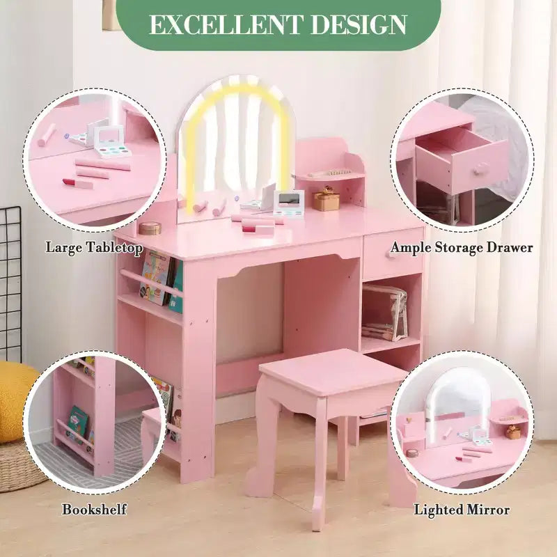 Coiffeuse pour enfants avec miroir, table de maquillage avec tabouret, étagère, tiroir et étagères, coiffeuse en bois pour chambre de fille, salle de jeux