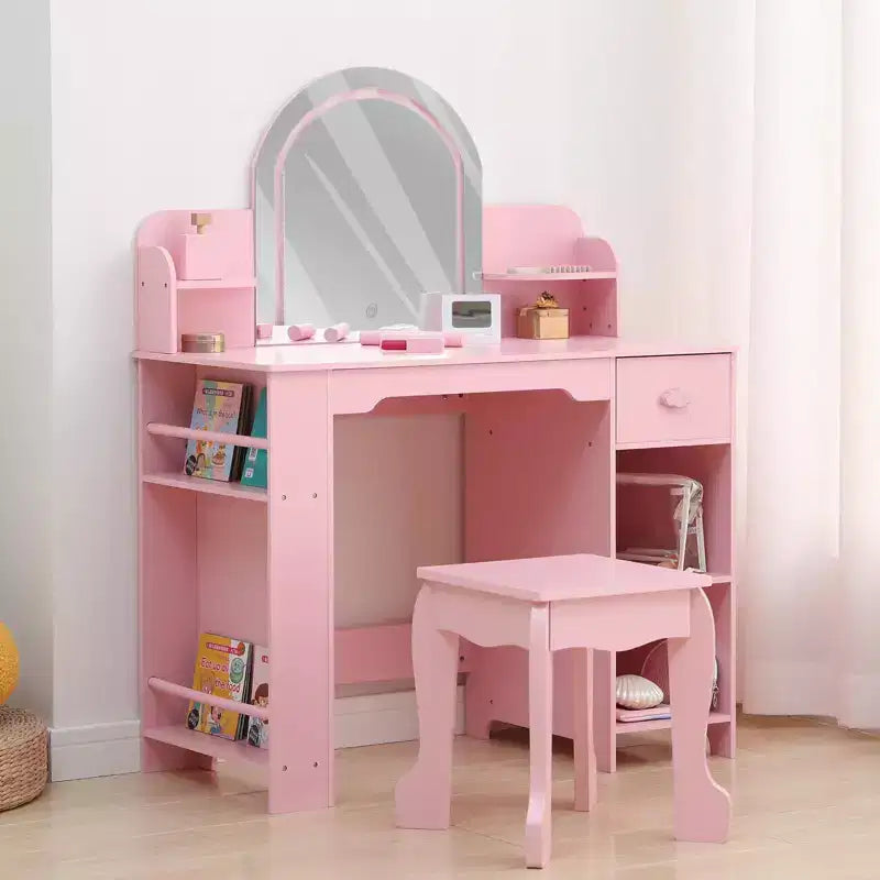 Coiffeuse pour enfants avec miroir, table de maquillage avec tabouret, étagère, tiroir et étagères, coiffeuse en bois pour chambre de fille, salle de jeux