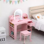 Coiffeuse pour enfants avec miroir, table de maquillage avec tabouret, étagère, tiroir et étagères, coiffeuse en bois pour chambre de fille, salle de jeux