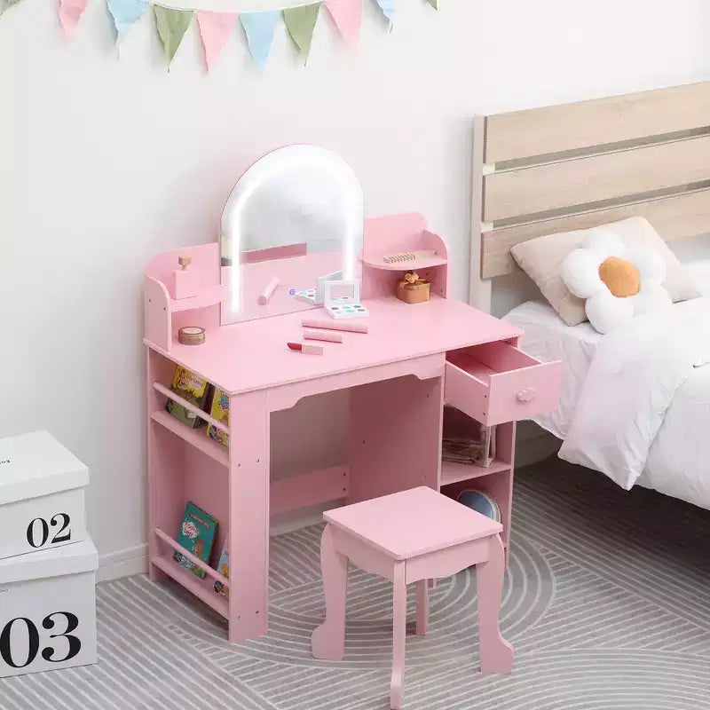 Coiffeuse pour enfants avec miroir, table de maquillage avec tabouret, étagère, tiroir et étagères, coiffeuse en bois pour chambre de fille, salle de jeux