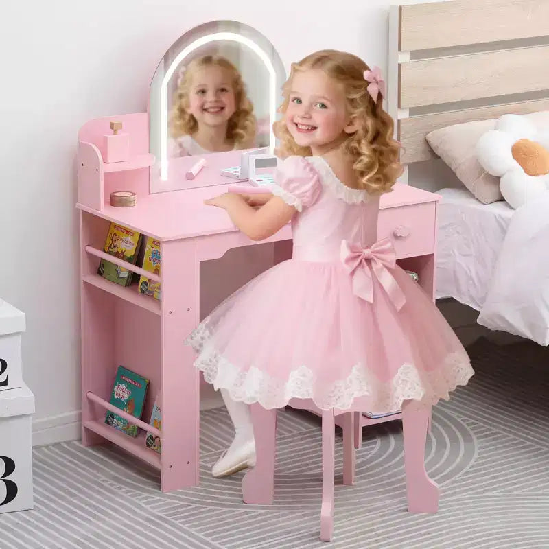Kids Vanity Desk with Mirror, Makeup Vanity Table with Stool, Bookshelf, Drawer & Shelves, Wood Princess Dressing Table for Girls Bedroom,Playroom