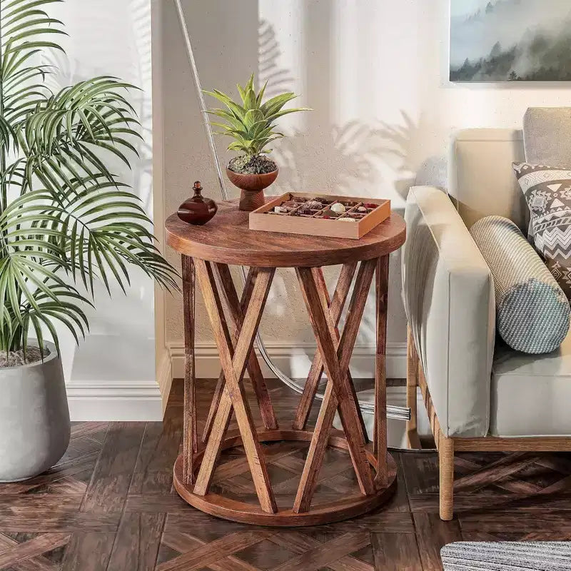 COZAYH Table d'appoint de ferme, plateau rond rustique avec pieds à motifs en X, marron, lot de 2