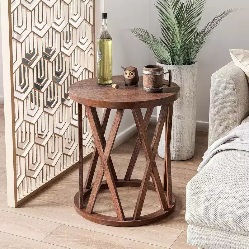 COZAYH Table d'appoint de ferme, plateau rond rustique avec pieds à motifs en X, marron, lot de 2