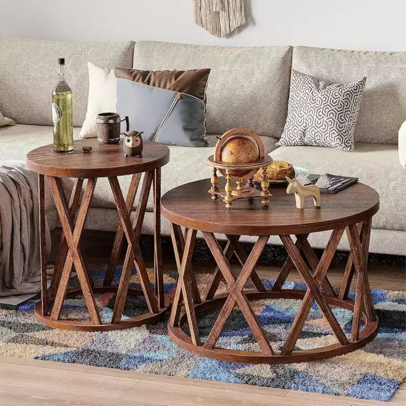 COZAYH Table d'appoint de ferme, plateau rond rustique avec pieds à motifs en X, marron, lot de 2