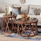 COZAYH Table d'appoint de ferme, plateau rond rustique avec pieds à motifs en X, marron, lot de 2