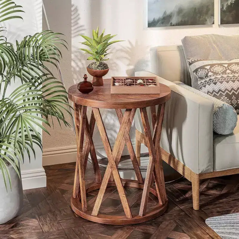 COZAYH Table d'appoint de ferme, plateau rond rustique avec pieds à motifs en X, marron, lot de 2