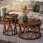 COZAYH Table d'appoint de ferme, plateau rond rustique avec pieds à motifs en X, marron, lot de 2