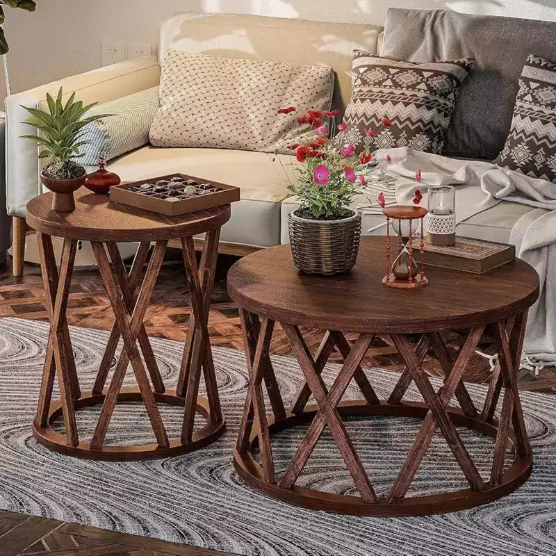 COZAYH Table d'appoint de ferme, plateau rond rustique avec pieds à motifs en X, marron, lot de 2