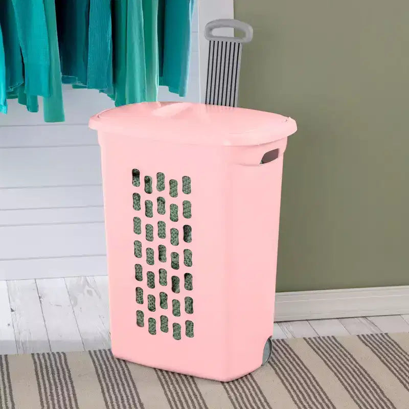 Sterilite Ultra Panier à linge roulant avec couvercle et poignée, givre rose, lot de 3